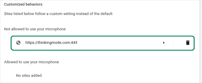 The browser’s microphone settings page. Under the heading “Not allowed to use your microphone”, the entry for https://thinkingmode.com is ringed in green, with a bin icon at the right of the row.