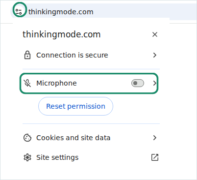 The site panel opened from the address-bar icon. Two things are ringed in green: the icon itself at the left of the address bar, and the Microphone row with its off toggle, above a Reset permission button.
