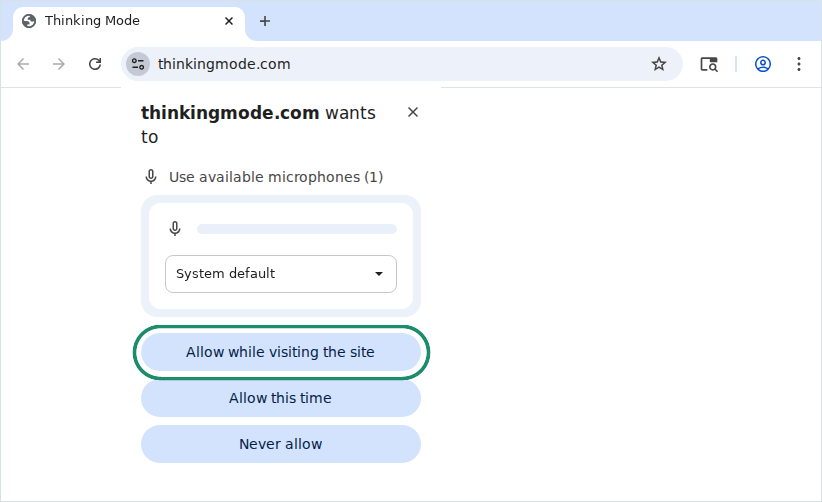 A browser asking “thinkingmode.com wants to use available microphones”, with three buttons: Allow while visiting the site, Allow this time, and Never allow. Allow while visiting the site is ringed in green.